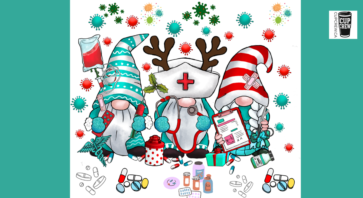 The image is a colorful illustration featuring three gnomes dressed in medical attire, surrounded by various medical-themed items such as pills, syringes, and a thermometer. The gnomes are wearing hats and holding medical equipment, suggesting a medical or healthcare theme.