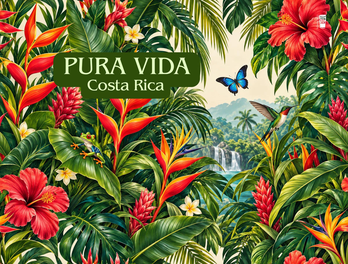 The image is a vibrant and lush tropical scene featuring a variety of colorful flowers, leaves, and tropical birds.
