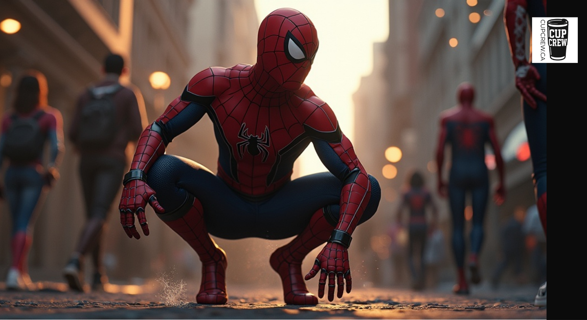 A close-up of a person dressed as Spider-Man crouching on a city street, with other people and buildings visible in the background.
