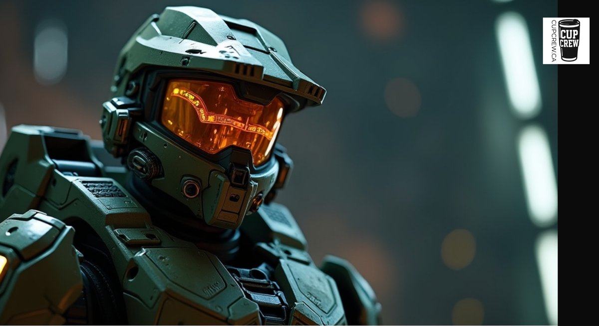 A close-up of a futuristic-looking helmet with a glowing visor, likely from a science fiction or fantasy setting.