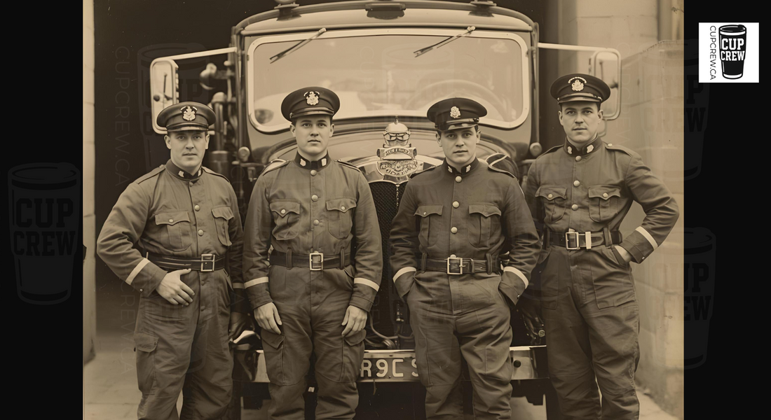 Four uniformed men in military attire standing in front of a vintage fire truck.