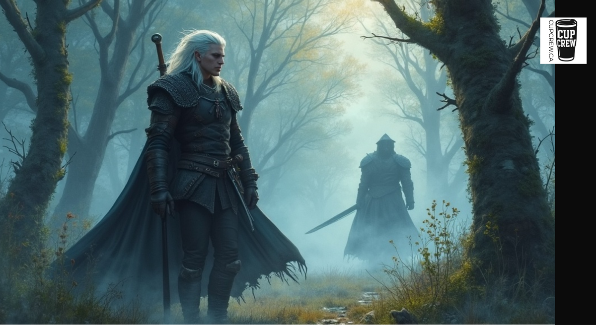 A dark, foreboding forest scene with two figures, one standing and one walking, shrouded in mist. The atmosphere is eerie and mysterious, with the silhouettes of trees and foliage creating a sense of depth and distance.