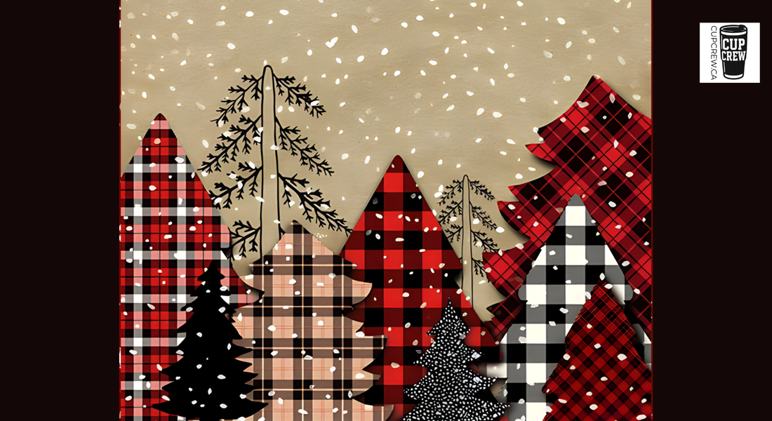 A collage of Christmas trees with plaid patterns against a snowy background.