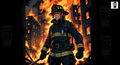 A firefighter in full gear stands in the midst of a burning cityscape, with flames and smoke filling the background.