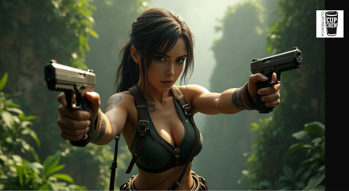 A woman with dark hair and tattoos is holding two guns and pointing them at the camera in a jungle setting.