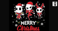 The image is a Christmas-themed graphic featuring three cartoon characters wearing Santa hats and red outfits, surrounded by snowflakes and the text 